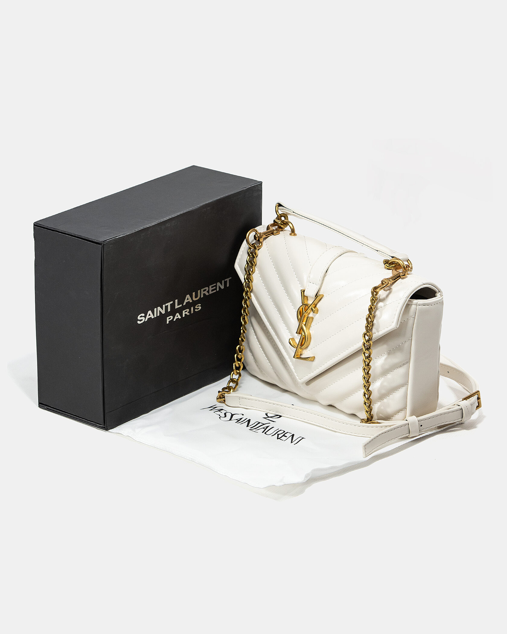 Saint Laurent College Small Top Handle Bag in White Matelassé Leather - 2