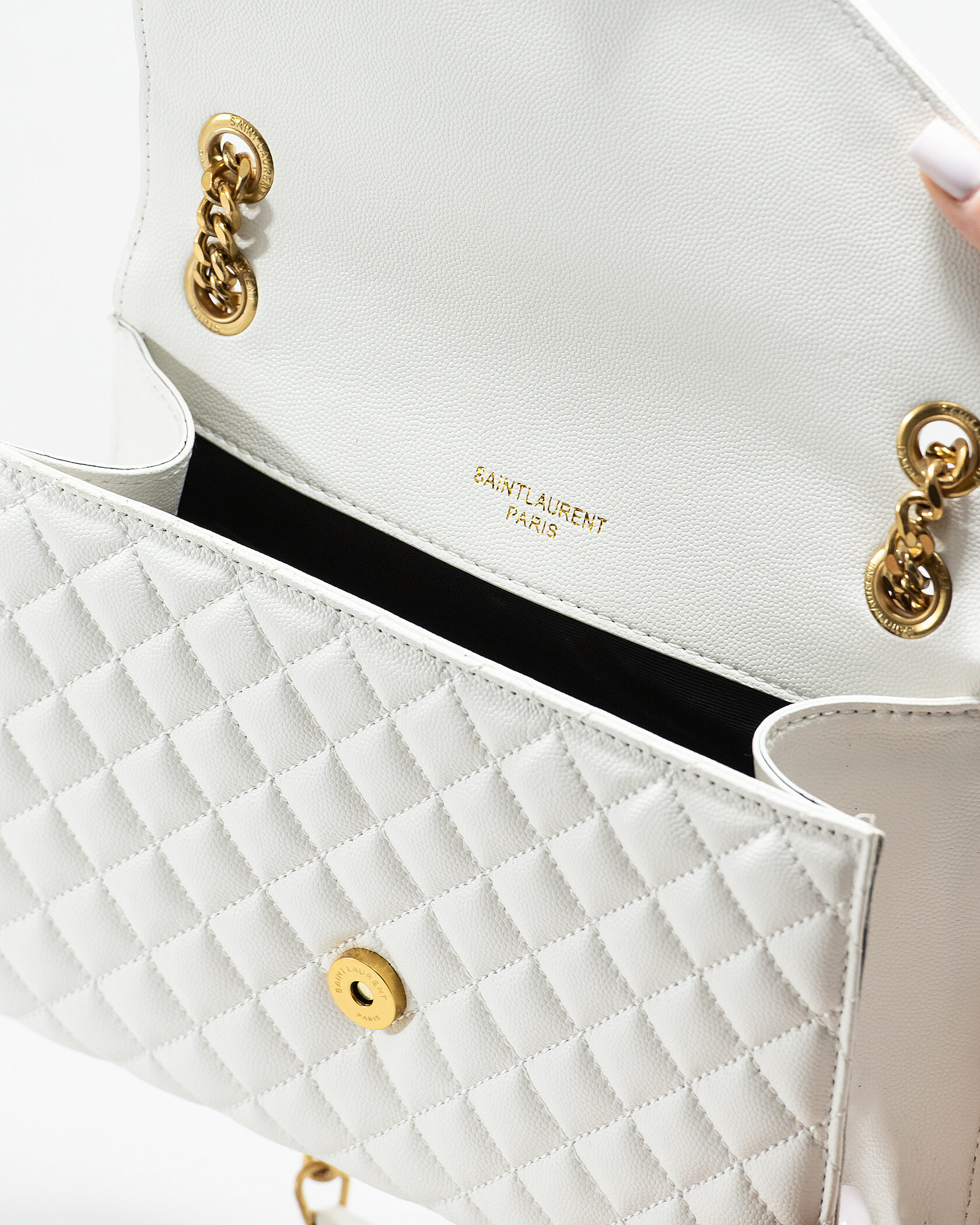 Saint Laurent Envelope Medium In Quilted Leather White/Gold - 15