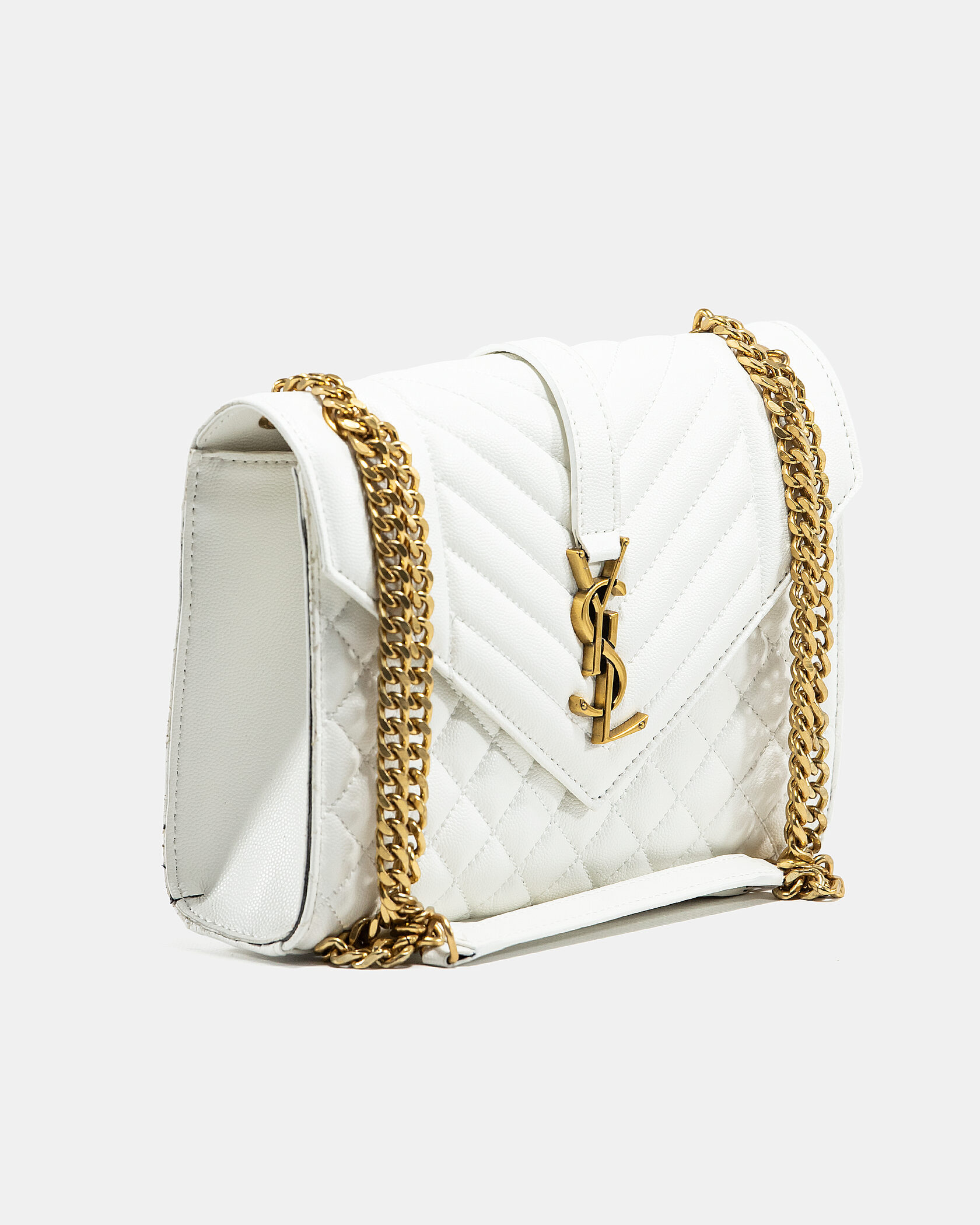 Saint Laurent Envelope Medium In Quilted Leather White/Gold - 6