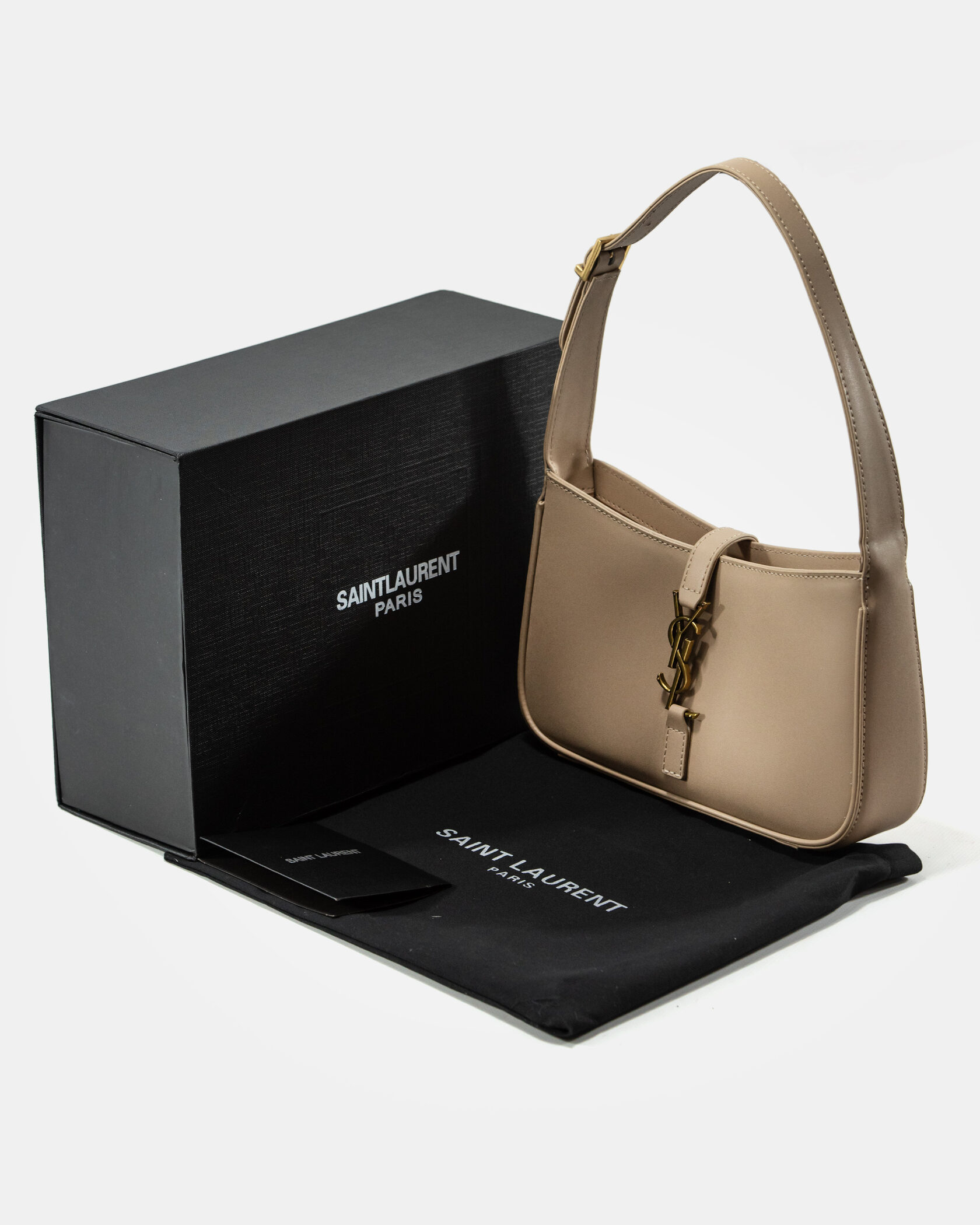 Saint Laurent Hobo Le 5 A 7 Leather Shoulder Bag in Beige/Gold - 2