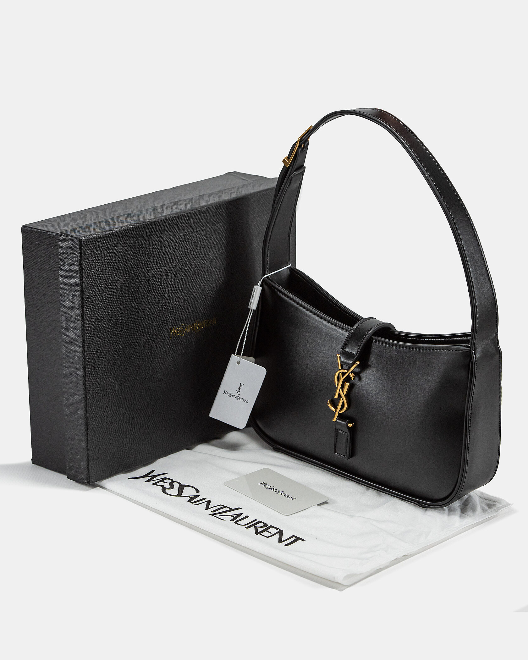 Saint Laurent Hobo Le 5 A 7 Leather Shoulder Bag in Black/Gold - 2