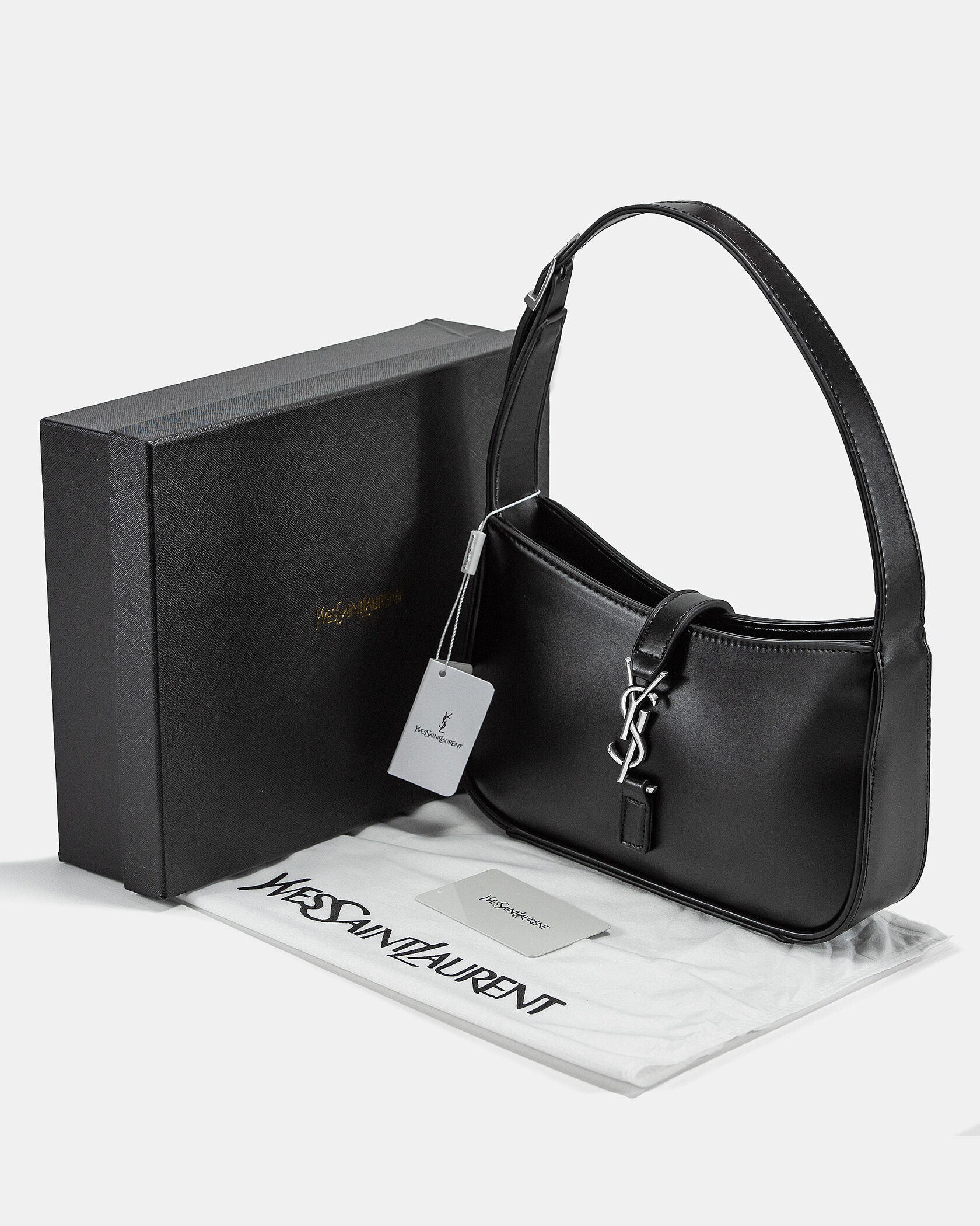 Saint Laurent Hobo Le 5 A 7 Leather Shoulder Bag in Black/Silver - 2