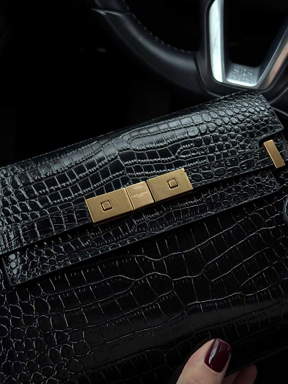 Saint Laurent Manhattan Medium Leather Shoulder Bag Black Croco - 2