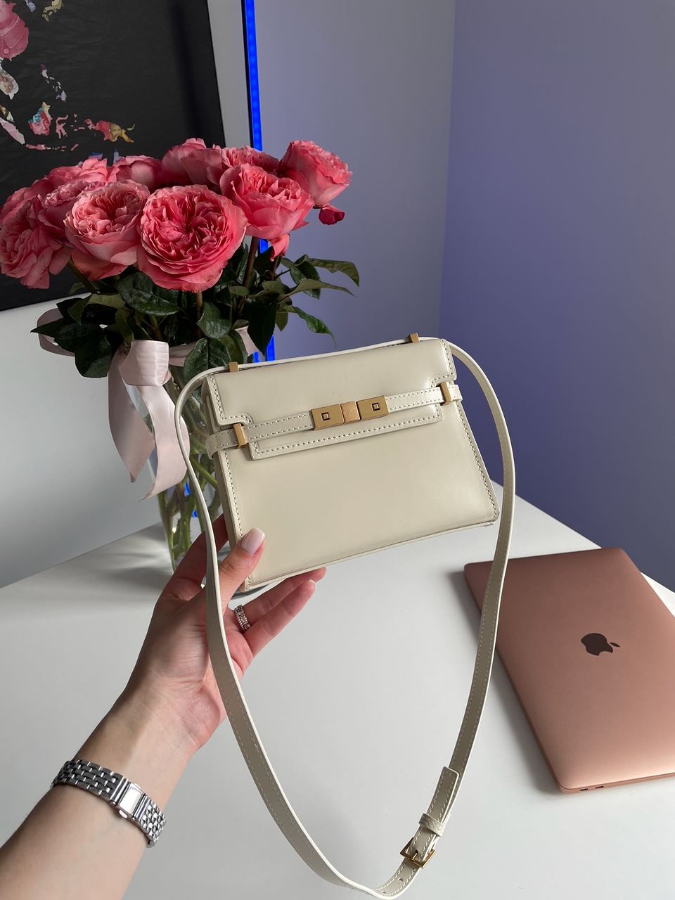 Saint Laurent Manhattan Mini Leather Shoulder Bag Cream - 7