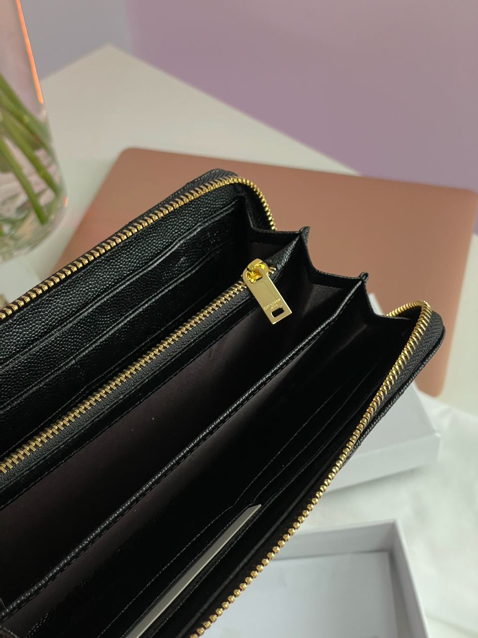 Saint Laurent Plain Leather Long Wallet Black/Gold - 14