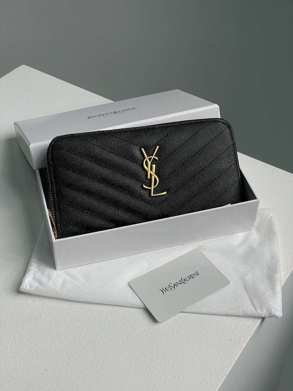 Saint Laurent Plain Leather Long Wallet Black/Gold - 2