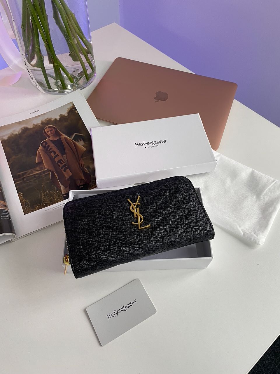 Saint Laurent Plain Leather Long Wallet Black/Gold - 4