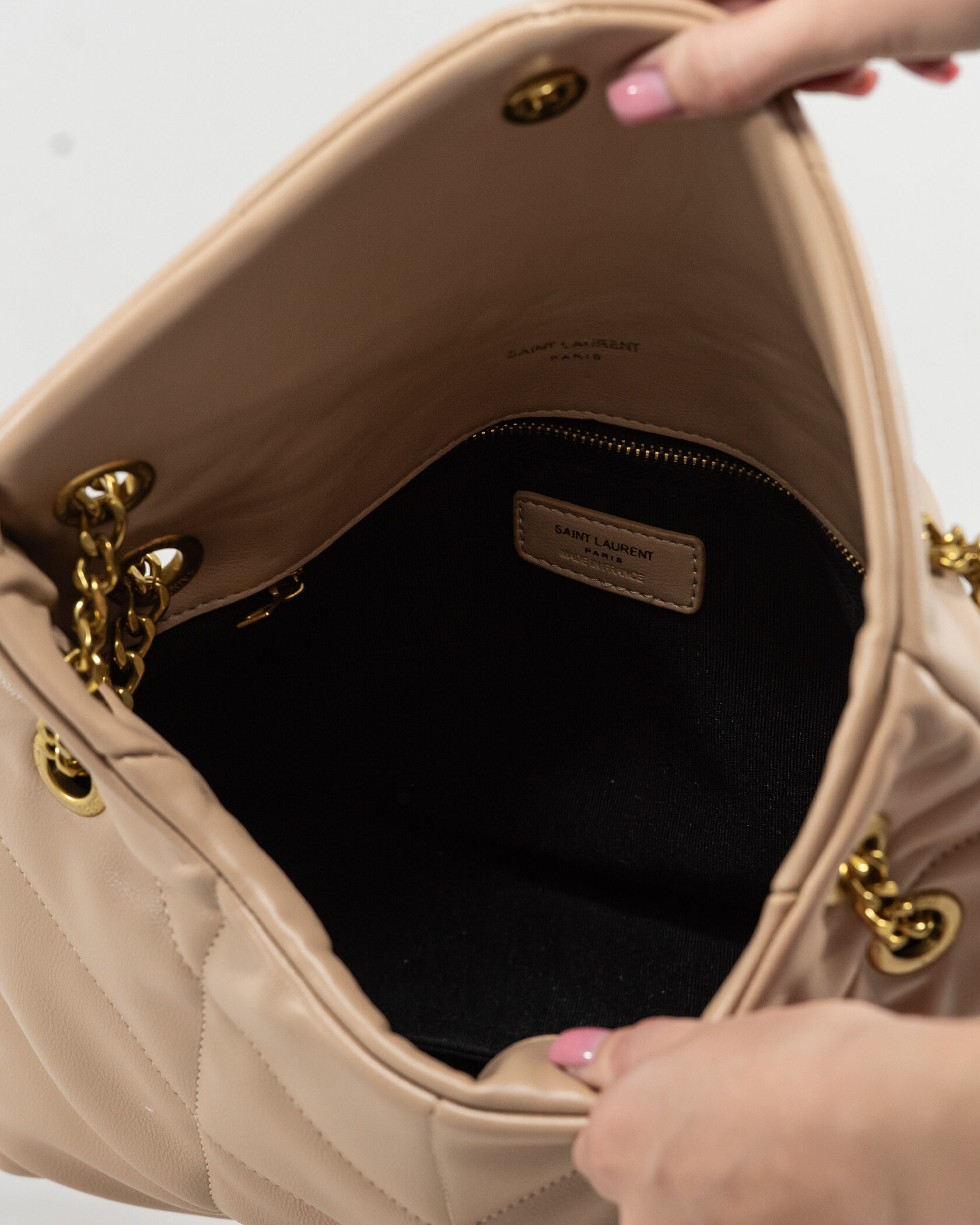 Saint Laurent Puffer Small in Nappa Leather Beige Gold Chain - 15