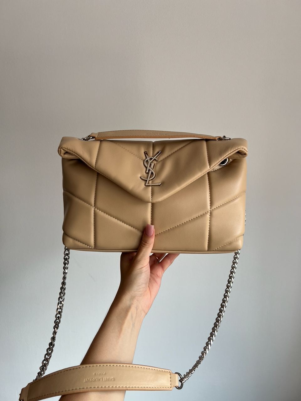 Saint Laurent Puffer Small in Nappa Leather Beige Silver Chain - 2