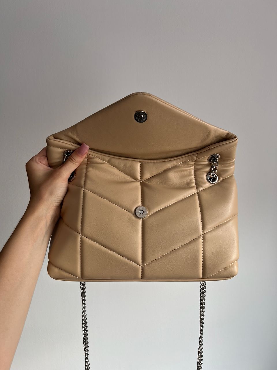 Saint Laurent Puffer Small in Nappa Leather Beige Silver Chain - 9