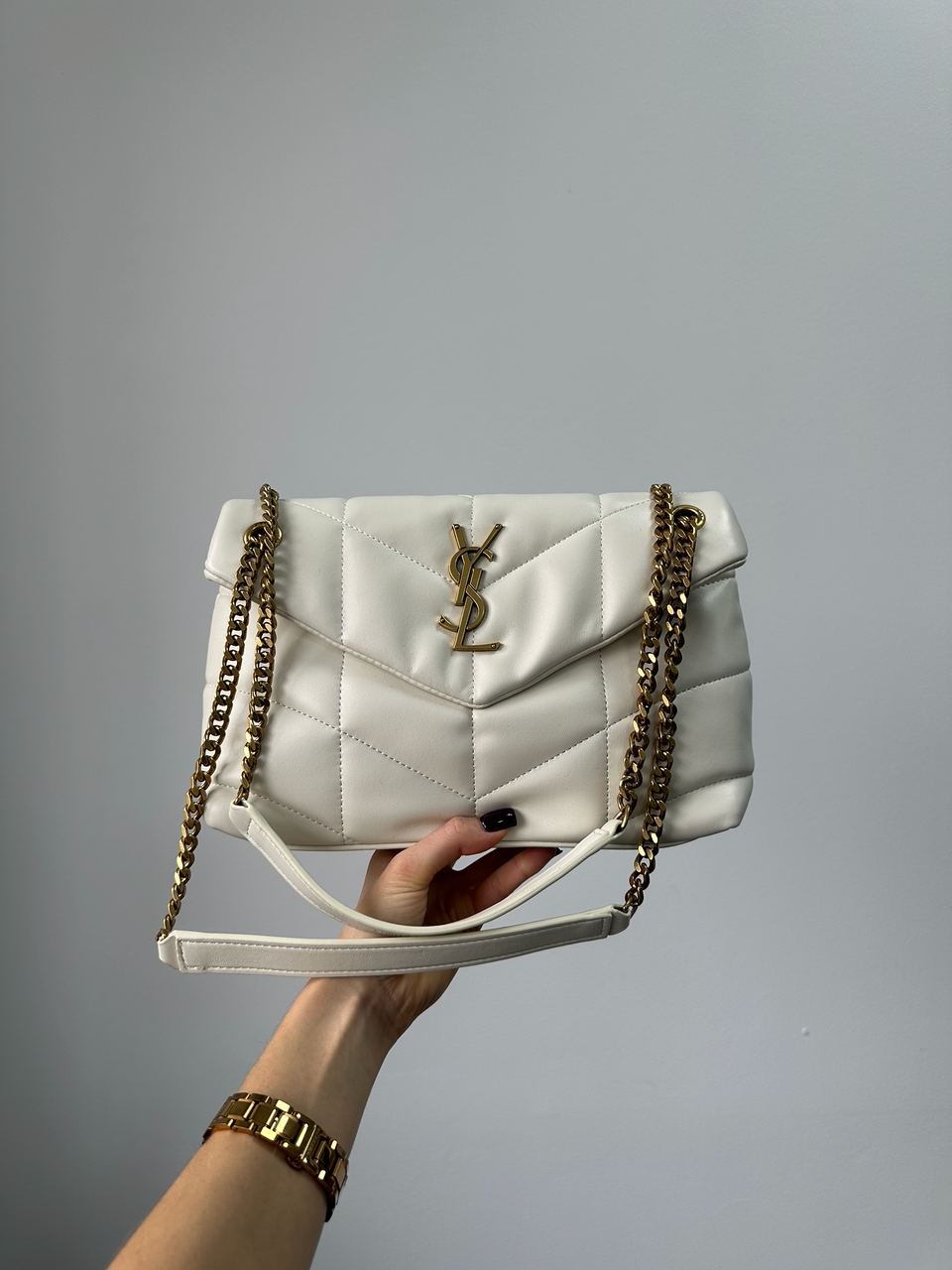 Saint Laurent Puffer Small in Nappa Leather Cream Gold Chain - 2