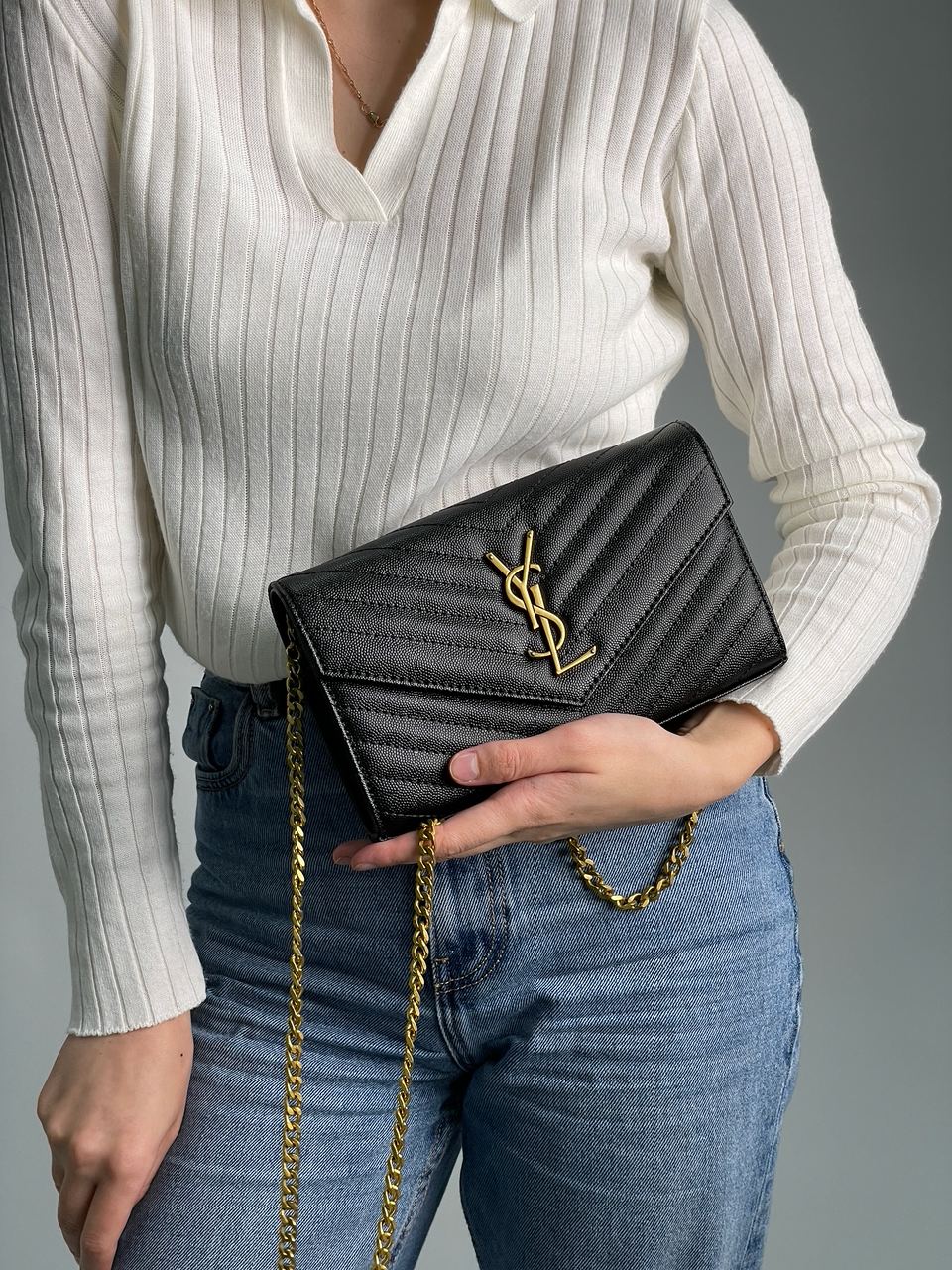 YSL Cassandre Matelasse Chain Wallet In Grain De Poudre Embossed Leather - 10