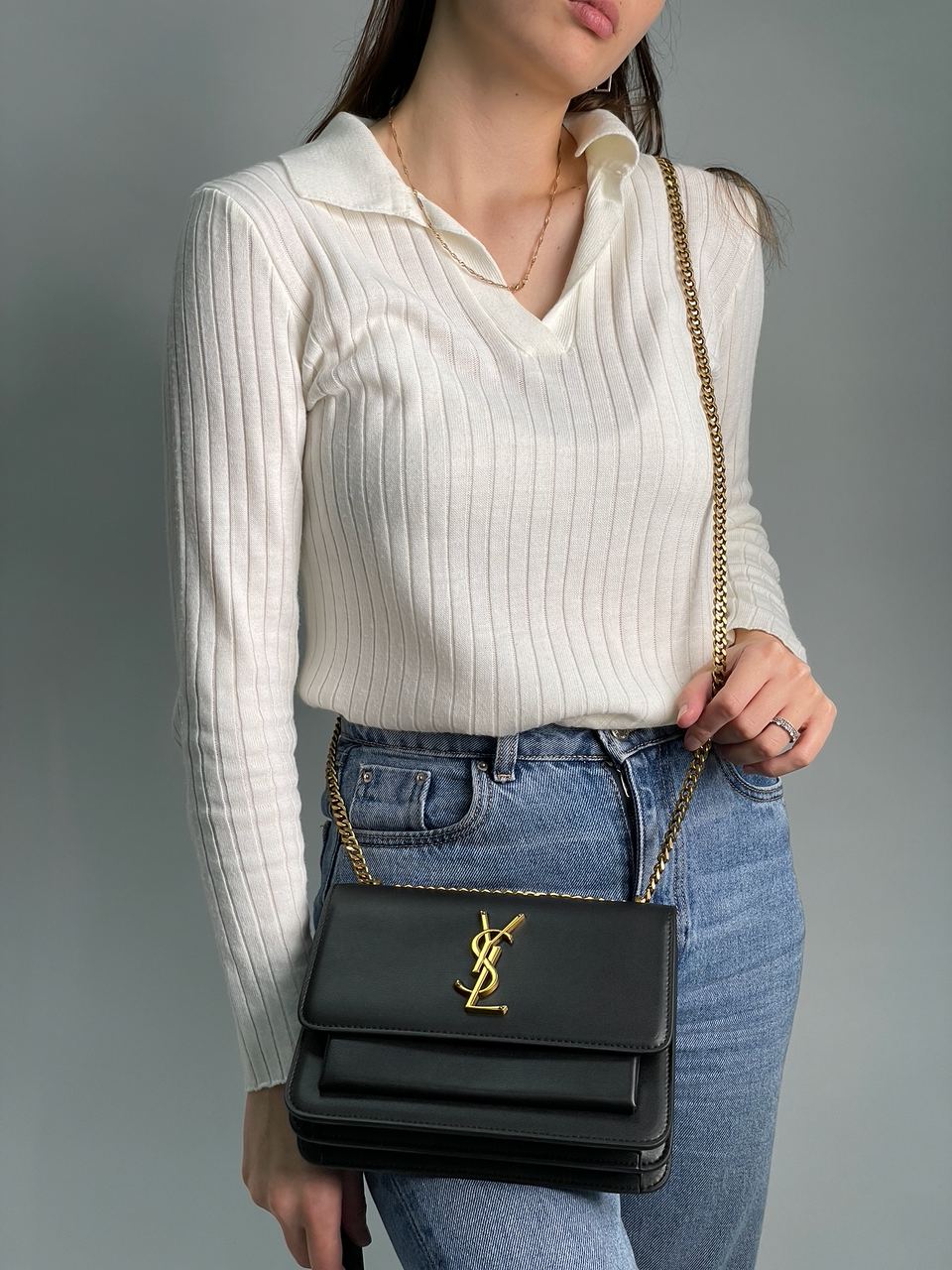 Yves Saint Laurent Medium Sunset in Smooth Leather Black/Gold - 5